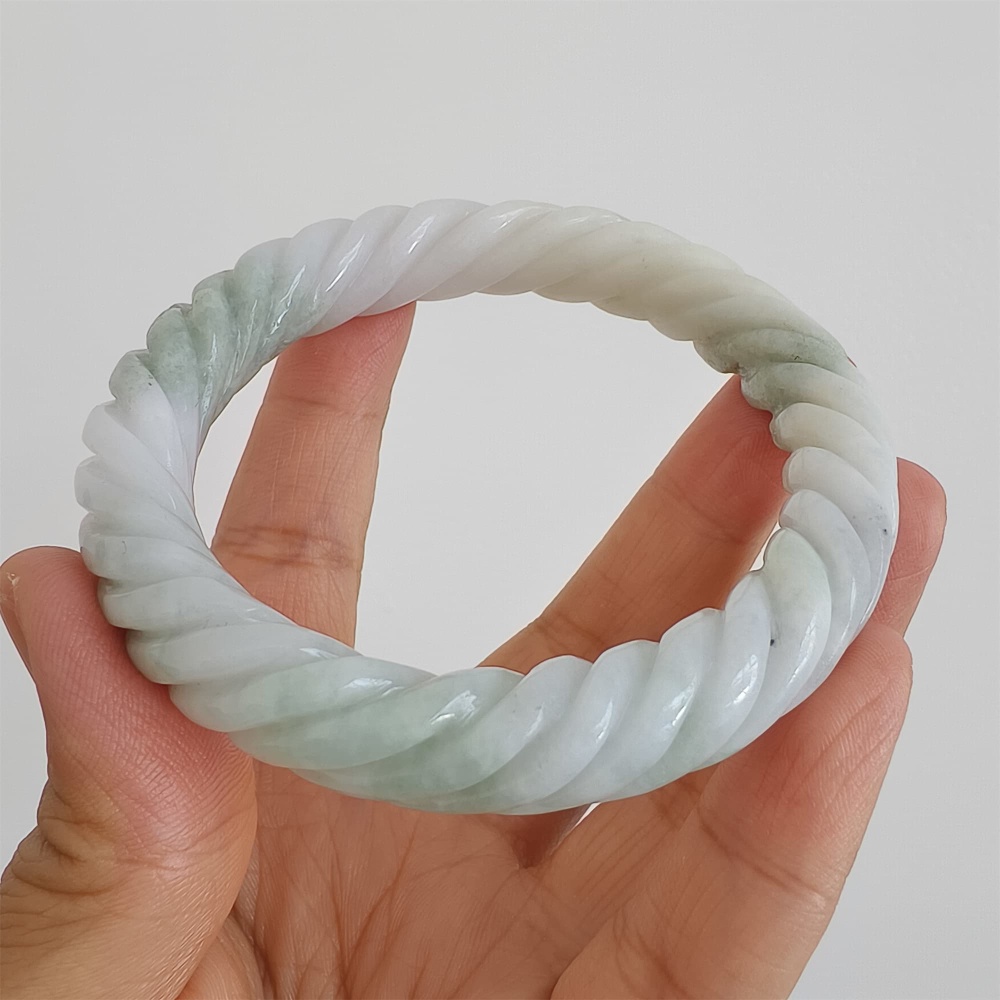 DDP | Natural Type A Certificated 59mm Green White Burmese Jadeite Round Band Twisted Pattern Bangle,DIY Jewelry Supplies