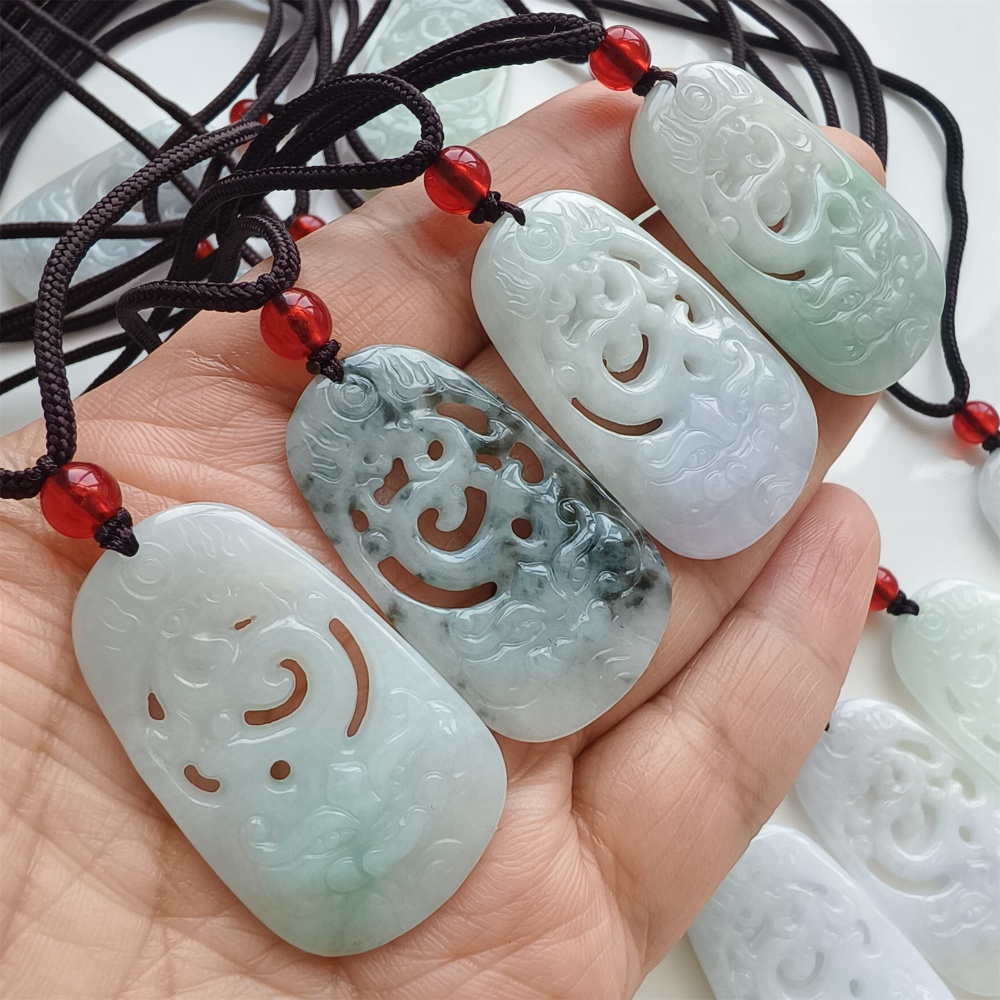 DDP | Natural Certificated Type A 38.5X23X5.3mm Green White Burmese Jadeite Filigree Dragon Pendant,DIY Jewelry Supplies