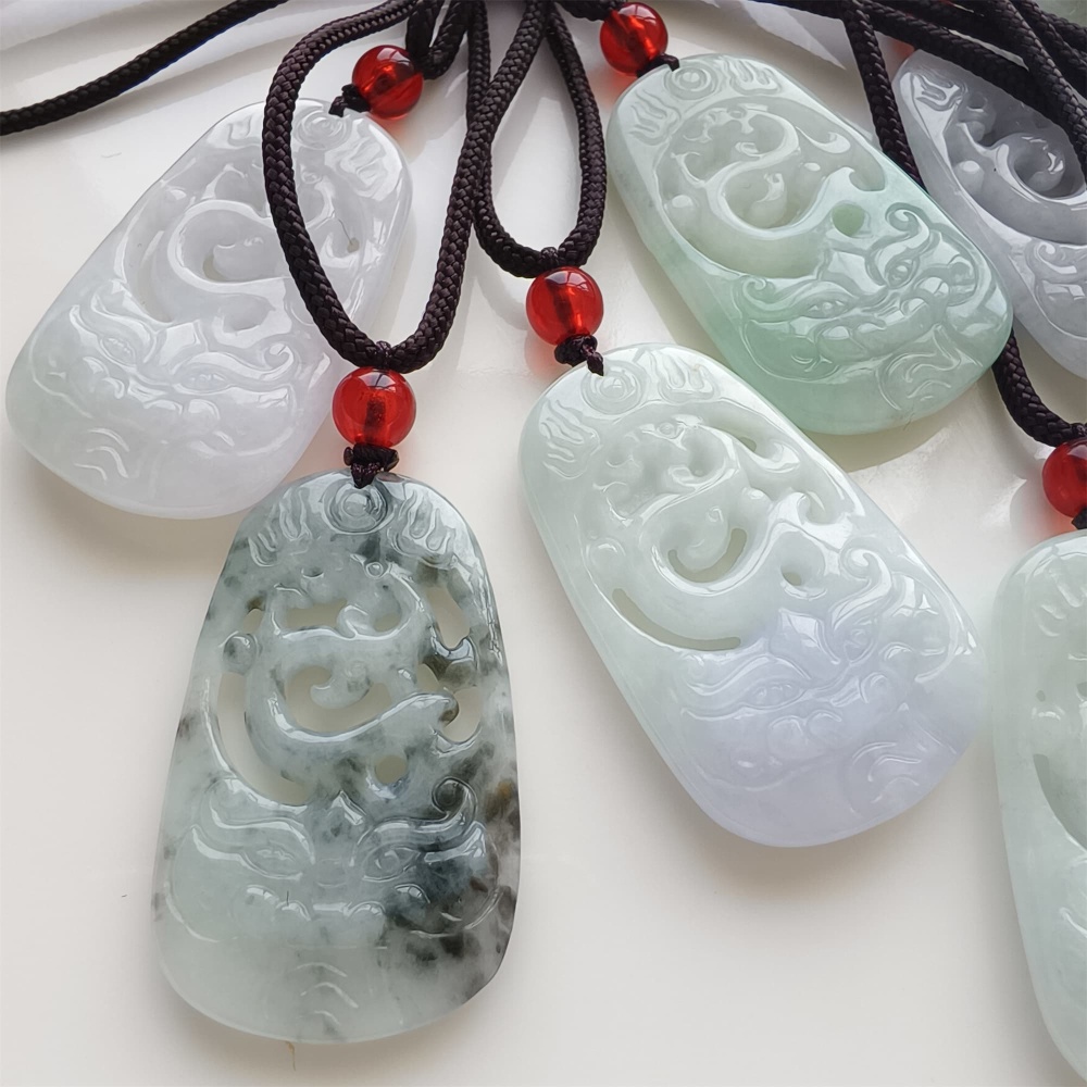 DDP | Natural Certificated Type A 38.5X23X5.3mm Green White Burmese Jadeite Filigree Dragon Pendant,DIY Jewelry Supplies