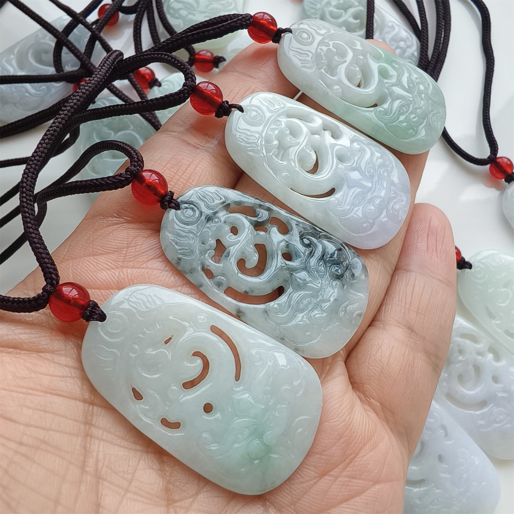 DDP | Natural Certificated Type A 38.5X23X5.3mm Green White Burmese Jadeite Filigree Dragon Pendant,DIY Jewelry Supplies