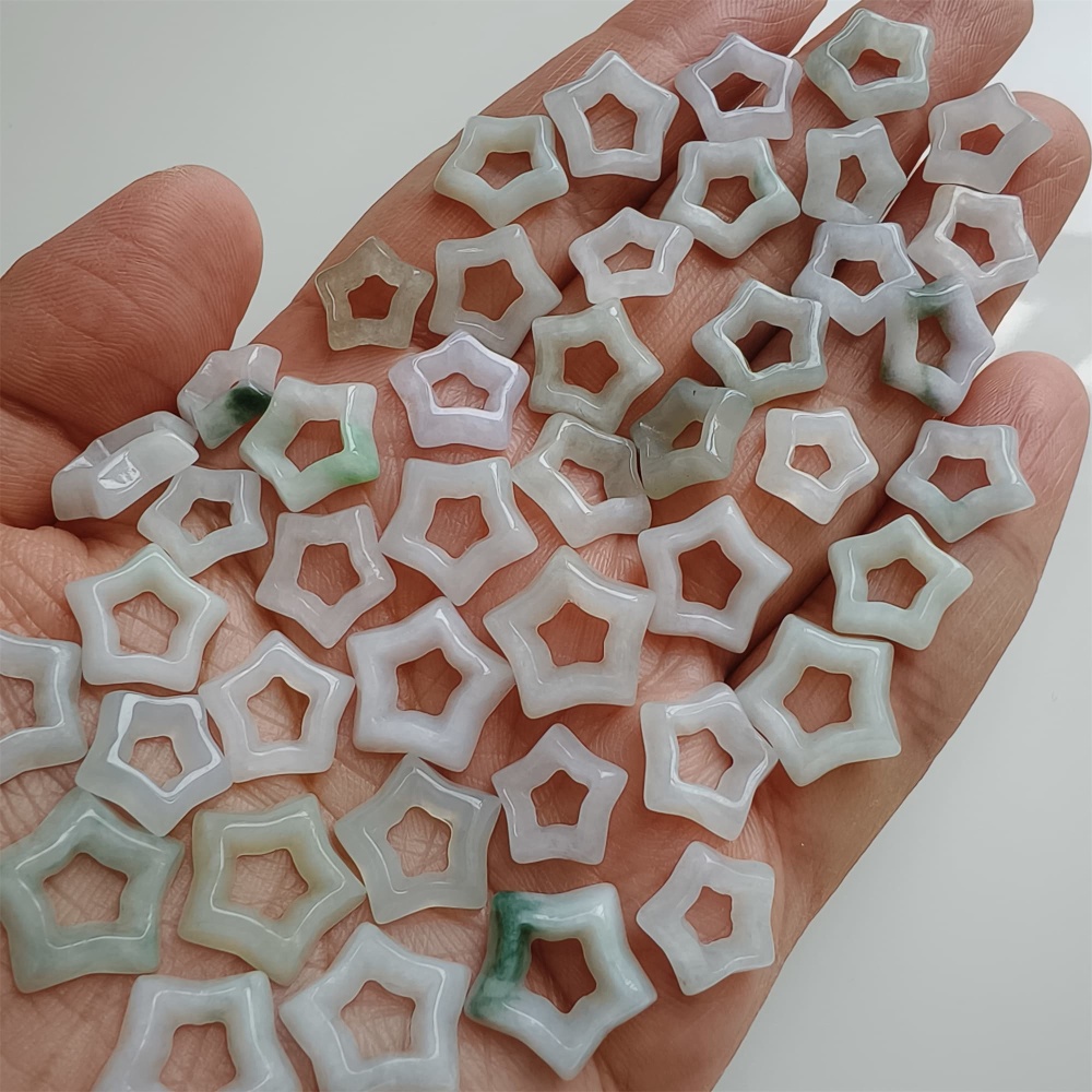DDP | 5pcs Natural Certificated Type A 10-14X3mm Green White Burmese Jadeite Filigree Star Beads,DIY Jewelry Supplies