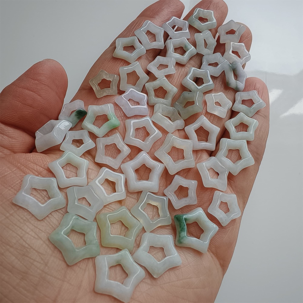 DDP | 5pcs Natural Certificated Type A 10-14X3mm Green White Burmese Jadeite Filigree Star Beads,DIY Jewelry Supplies