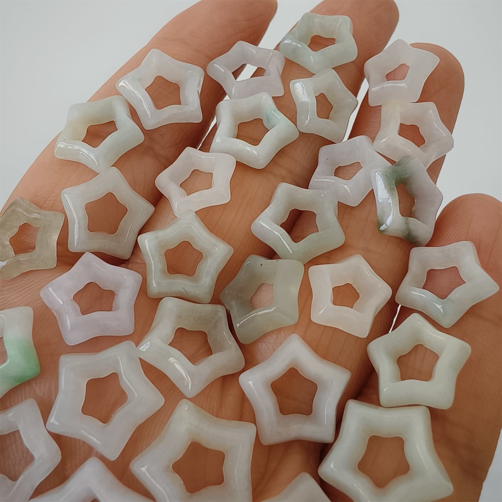 DDP | 5pcs Natural Certificated Type A 10-14X3mm Green White Burmese Jadeite Filigree Star Beads,DIY Jewelry Supplies