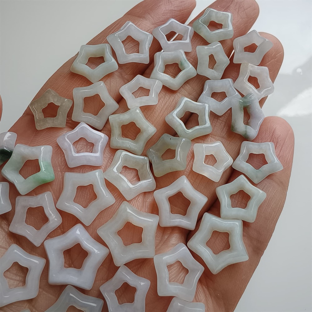 DDP | 5pcs Natural Certificated Type A 10-14X3mm Green White Burmese Jadeite Filigree Star Beads,DIY Jewelry Supplies