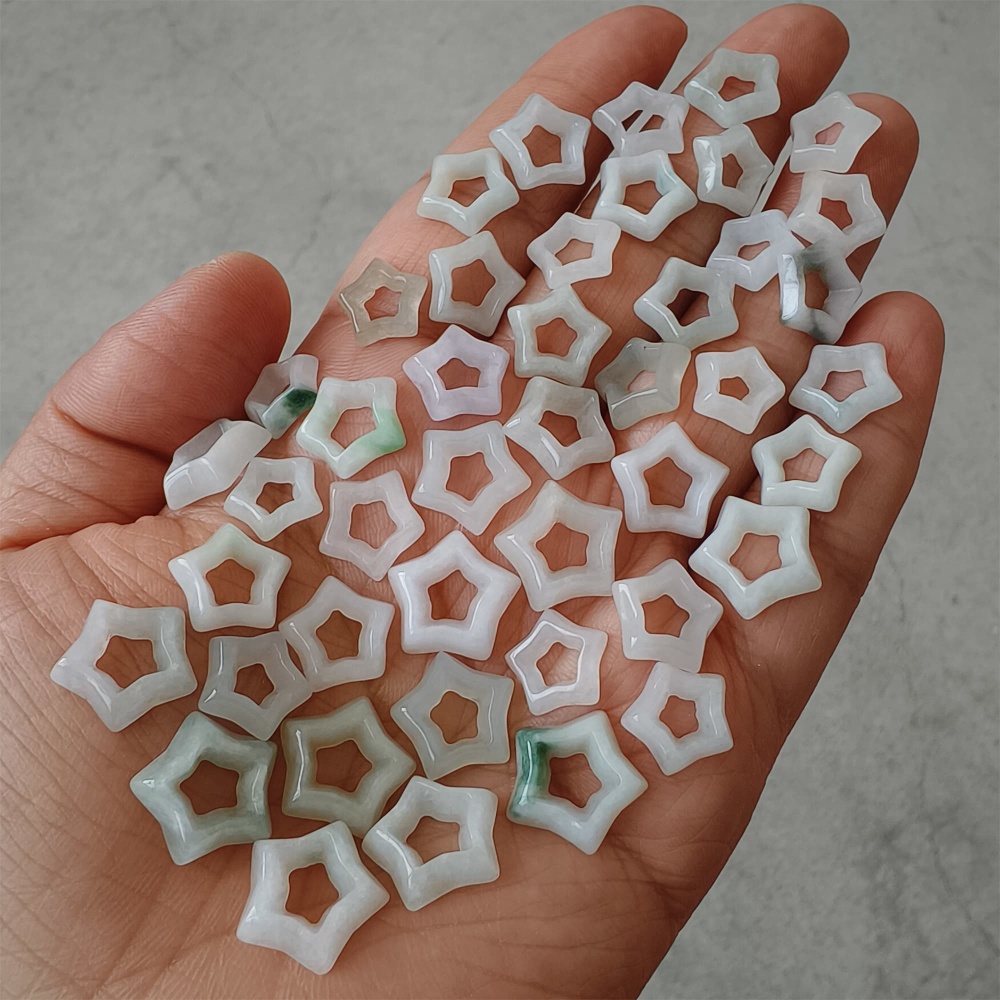 DDP | 5pcs Natural Certificated Type A 10-14X3mm Green White Burmese Jadeite Filigree Star Beads,DIY Jewelry Supplies