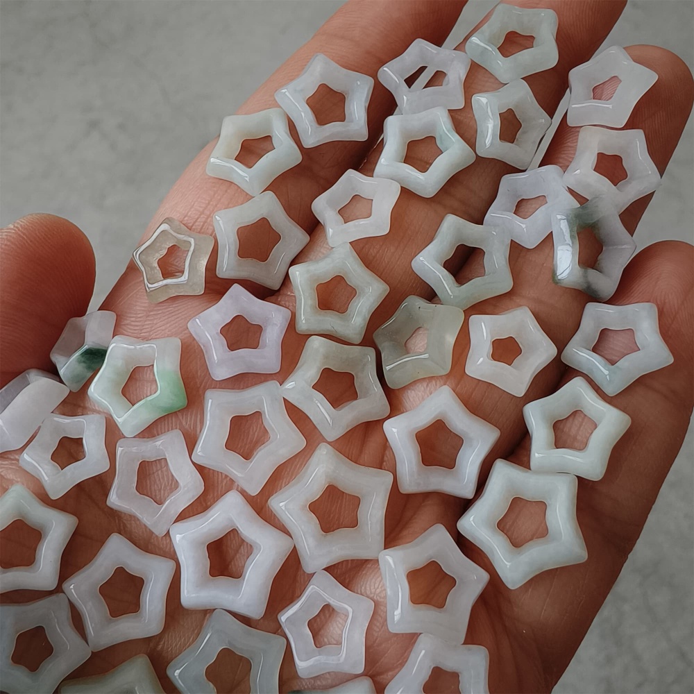 DDP | 5pcs Natural Certificated Type A 10-14X3mm Green White Burmese Jadeite Filigree Star Beads,DIY Jewelry Supplies
