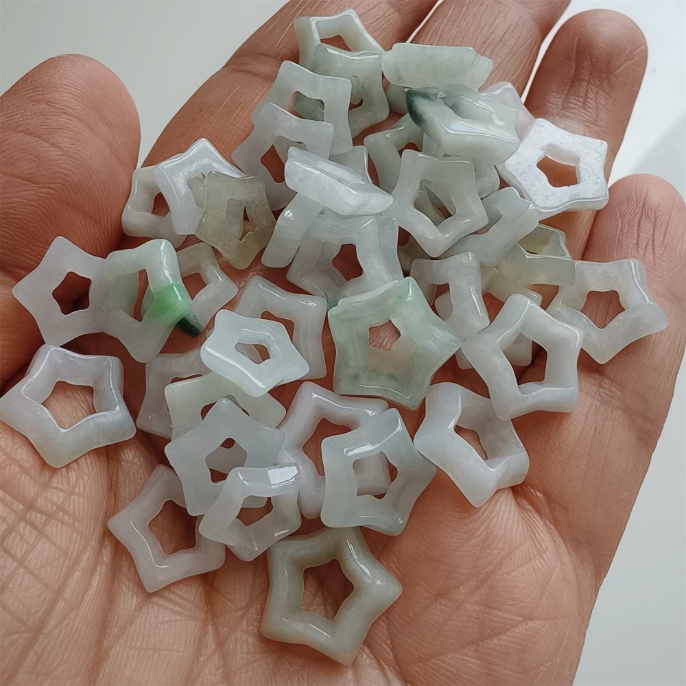 DDP | 5pcs Natural Certificated Type A 10-14X3mm Green White Burmese Jadeite Filigree Star Beads,DIY Jewelry Supplies