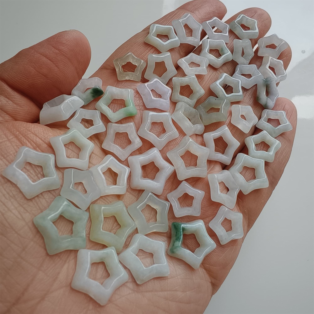 DDP | 5pcs Natural Certificated Type A 10-14X3mm Green White Burmese Jadeite Filigree Star Beads,DIY Jewelry Supplies