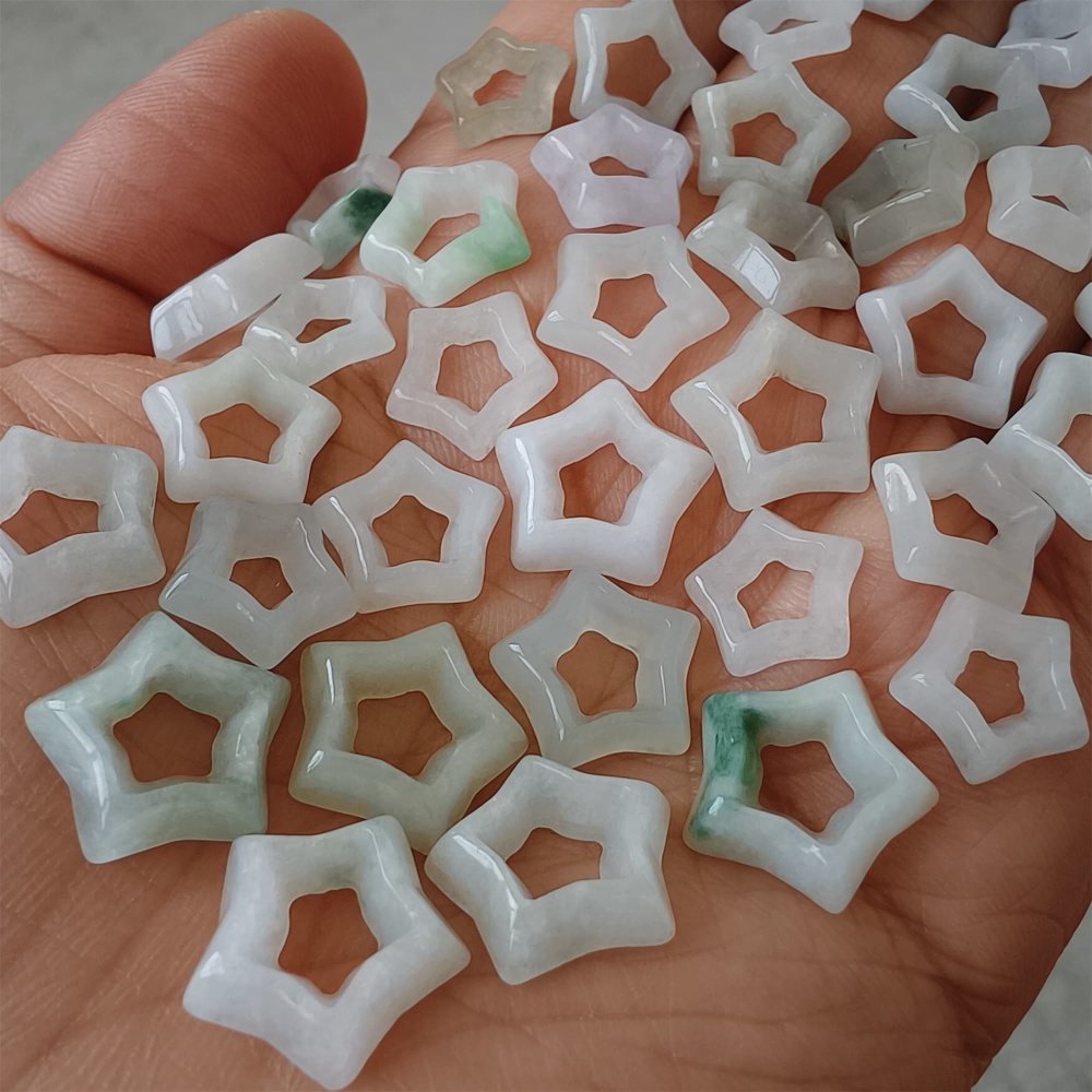 DDP | 5pcs Natural Certificated Type A 10-14X3mm Green White Burmese Jadeite Filigree Star Beads,DIY Jewelry Supplies