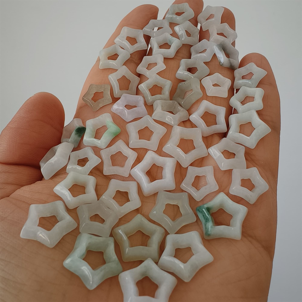 DDP | 5pcs Natural Certificated Type A 10-14X3mm Green White Burmese Jadeite Filigree Star Beads,DIY Jewelry Supplies
