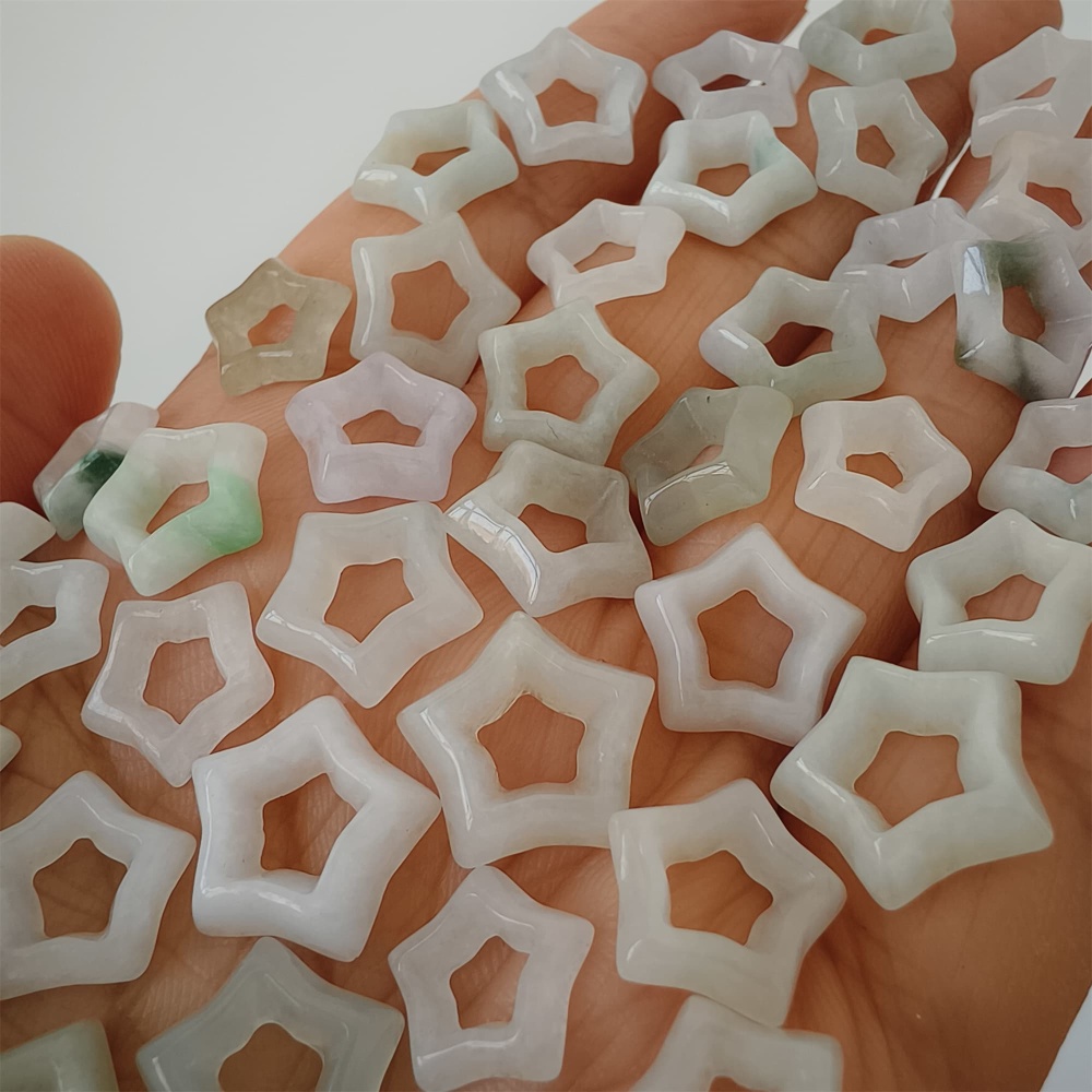 DDP | 5pcs Natural Certificated Type A 10-14X3mm Green White Burmese Jadeite Filigree Star Beads,DIY Jewelry Supplies