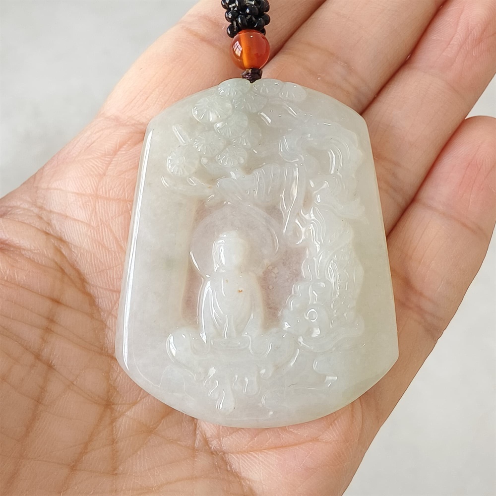 DDP | Natural Certificated Type A 53X42.5X5mm Icy White Burmese Jadeite Trapezoid Pendant With Buddha Carved,DIY Jewelry Supplies