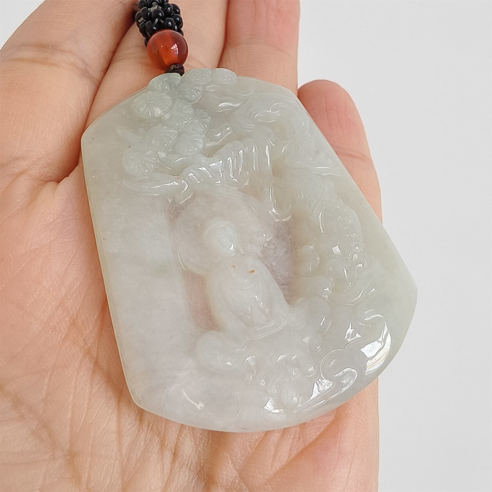 DDP | Natural Certificated Type A 53X42.5X5mm Icy White Burmese Jadeite Trapezoid Pendant With Buddha Carved,DIY Jewelry Supplies