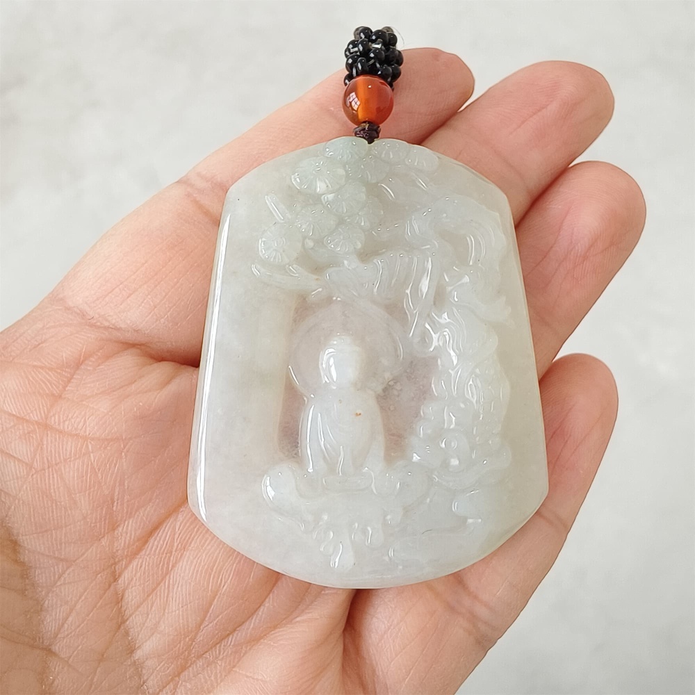 DDP | Natural Certificated Type A 53X42.5X5mm Icy White Burmese Jadeite Trapezoid Pendant With Buddha Carved,DIY Jewelry Supplies