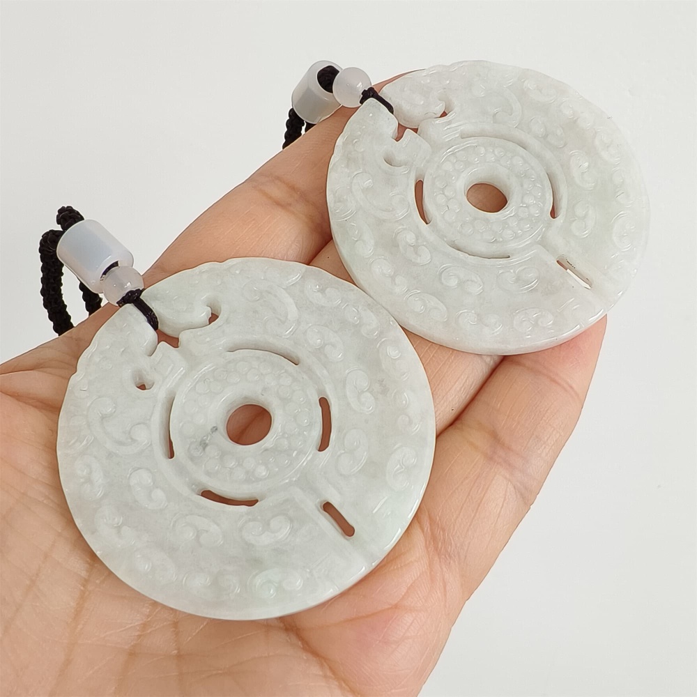 DDP | Natural Certificated Type A 51.2X6mm Light Green White Burmese Jadeite Round Antique-style Pendant ,DIY Jewelry Supplies