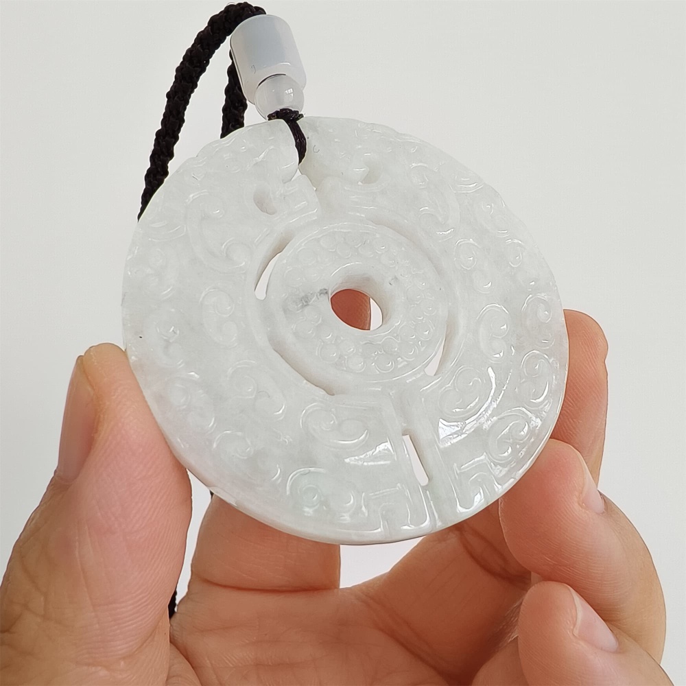 DDP | Natural Certificated Type A 51.2X6mm Light Green White Burmese Jadeite Round Antique-style Pendant ,DIY Jewelry Supplies