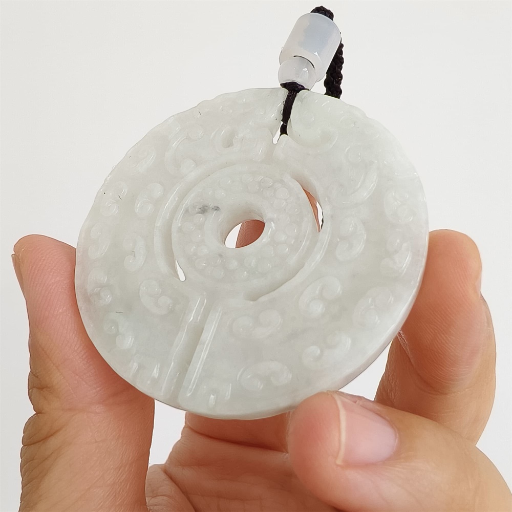 DDP | Natural Certificated Type A 51.2X6mm Light Green White Burmese Jadeite Round Antique-style Pendant ,DIY Jewelry Supplies