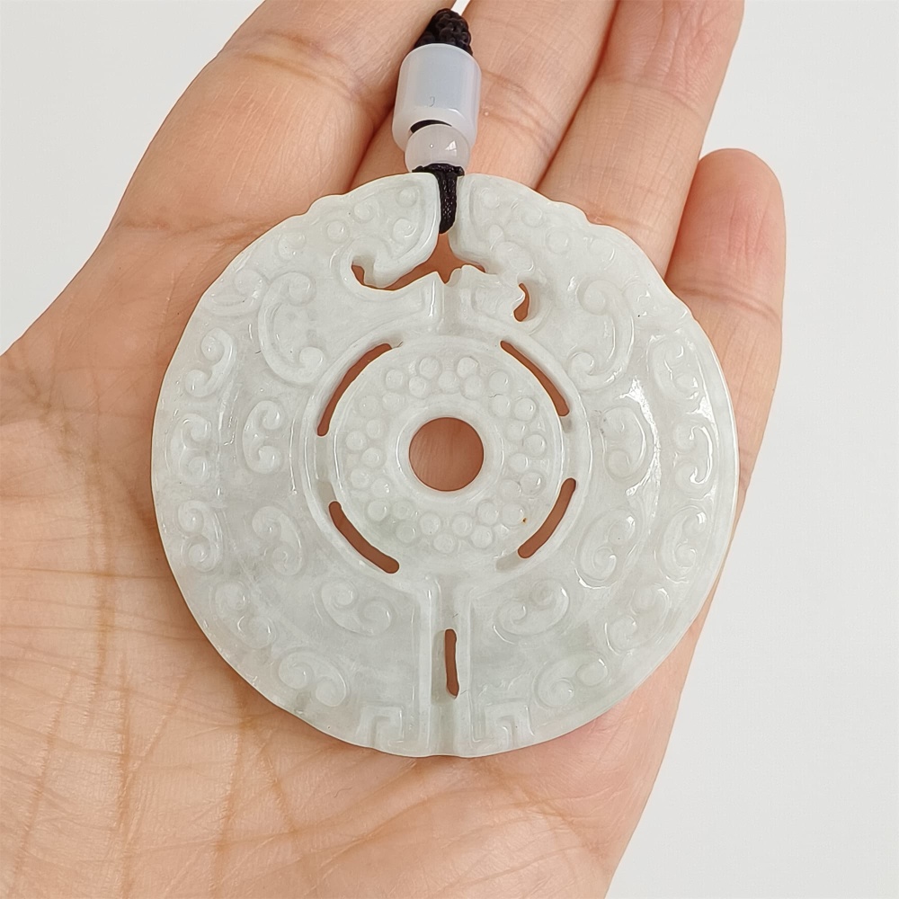DDP | Natural Certificated Type A 51.2X6mm Light Green White Burmese Jadeite Round Antique-style Pendant ,DIY Jewelry Supplies
