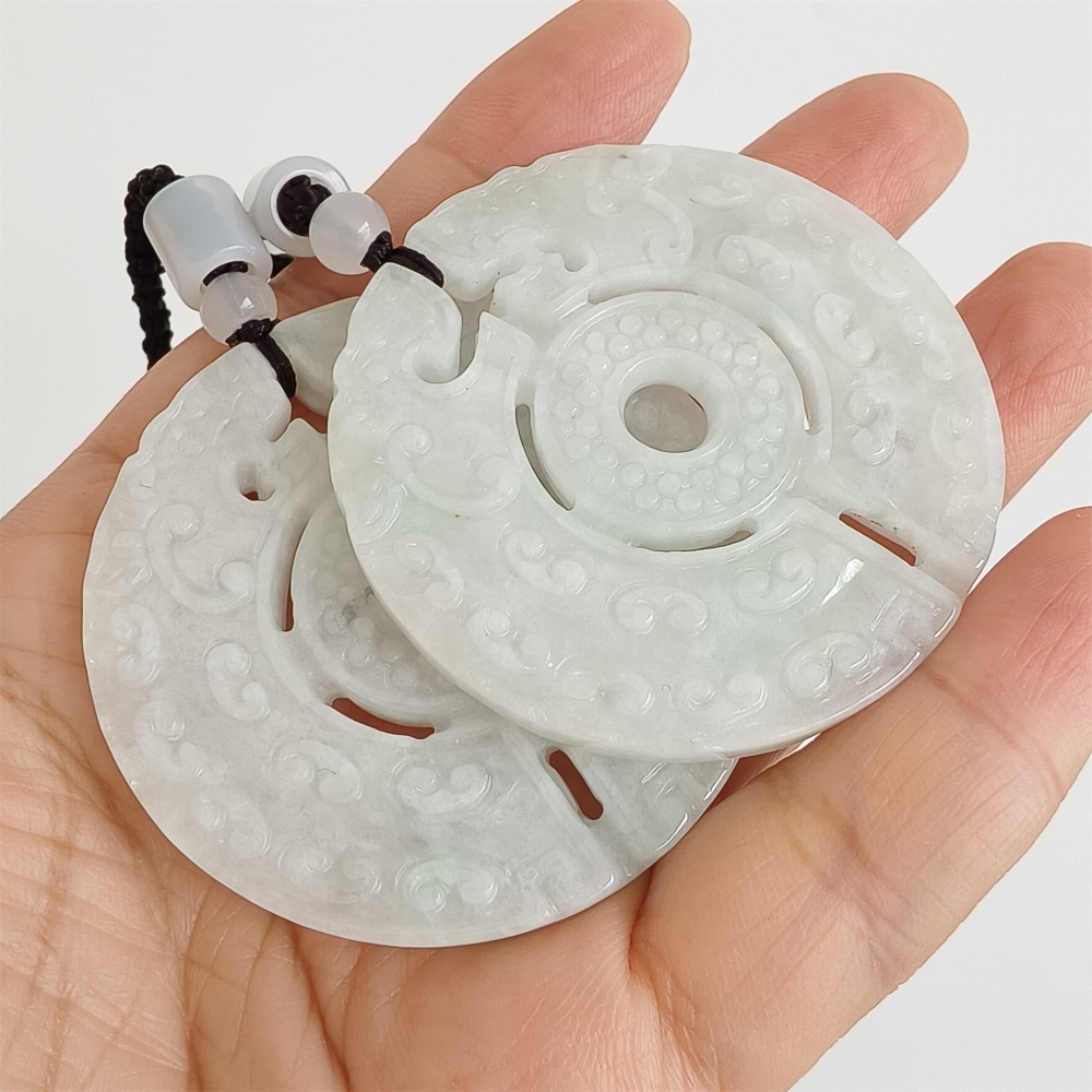 DDP | Natural Certificated Type A 51.2X6mm Light Green White Burmese Jadeite Round Antique-style Pendant ,DIY Jewelry Supplies
