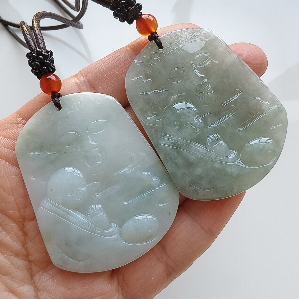 DDP | Natural Certificated Type A 50.5-50.8X40X5mm Green White Burmese Jadeite Trapezoid Pendant With Buddha Carved,DIY Jewelry Supplies