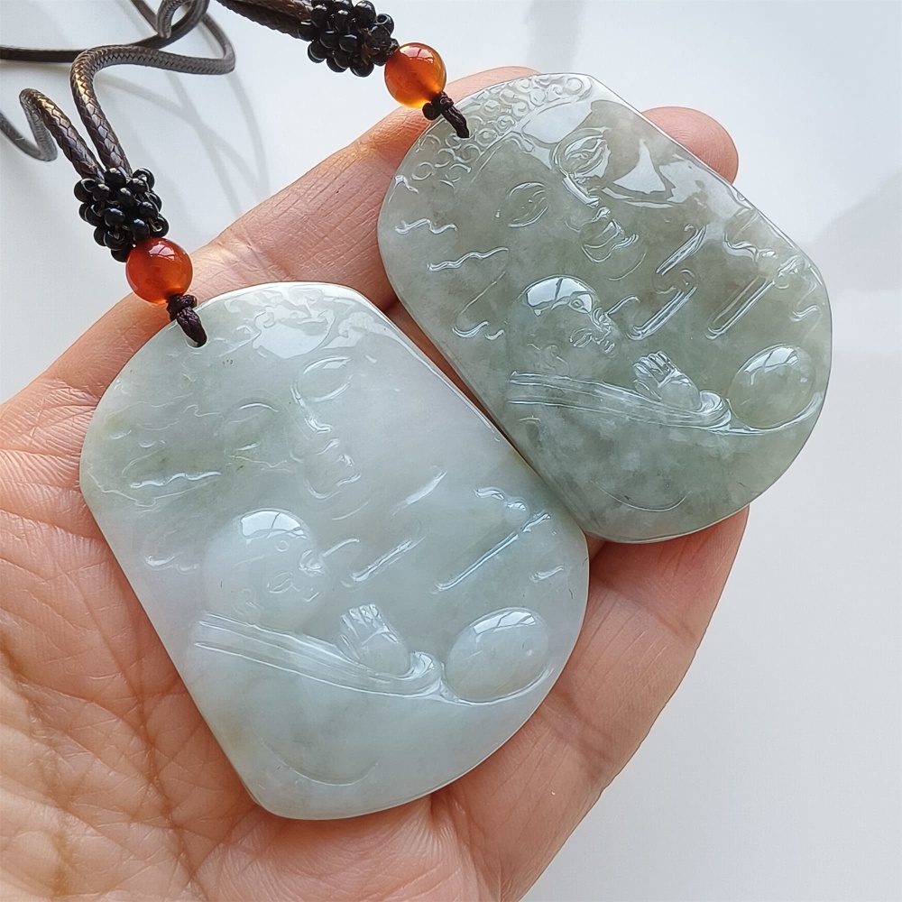 DDP | Natural Certificated Type A 50.5-50.8X40X5mm Green White Burmese Jadeite Trapezoid Pendant With Buddha Carved,DIY Jewelry Supplies