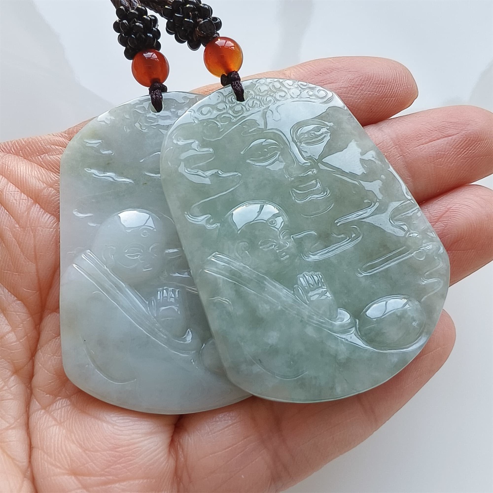DDP | Natural Certificated Type A 50.5-50.8X40X5mm Green White Burmese Jadeite Trapezoid Pendant With Buddha Carved,DIY Jewelry Supplies