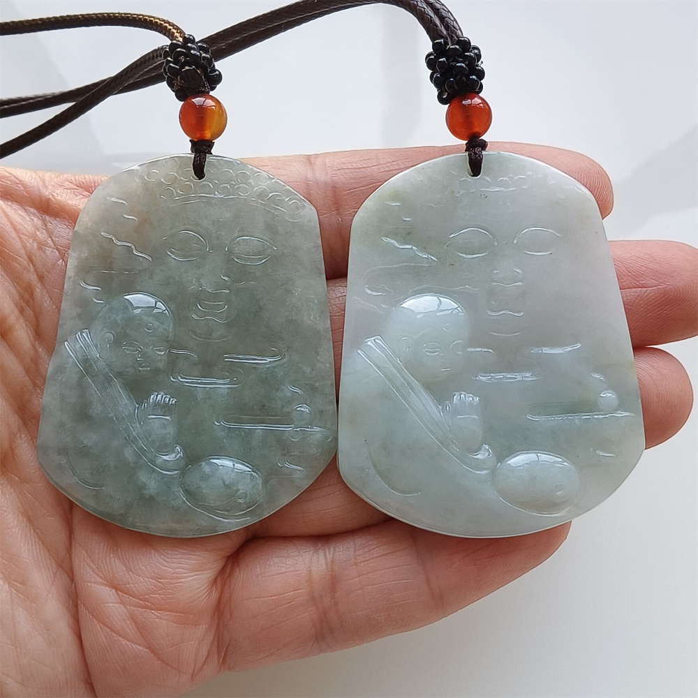 DDP | Natural Certificated Type A 50.5-50.8X40X5mm Green White Burmese Jadeite Trapezoid Pendant With Buddha Carved,DIY Jewelry Supplies