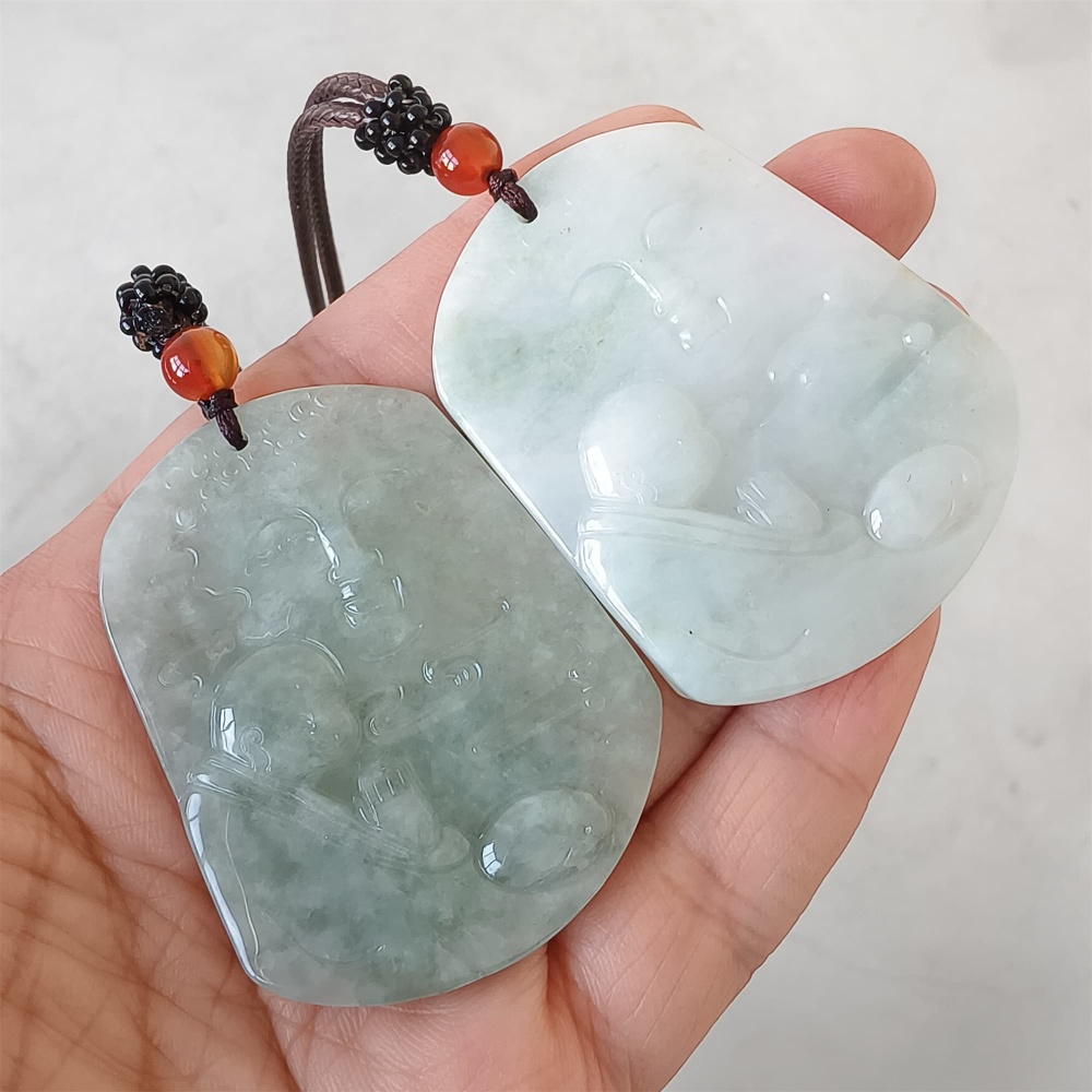 DDP | Natural Certificated Type A 50.5-50.8X40X5mm Green White Burmese Jadeite Trapezoid Pendant With Buddha Carved,DIY Jewelry Supplies