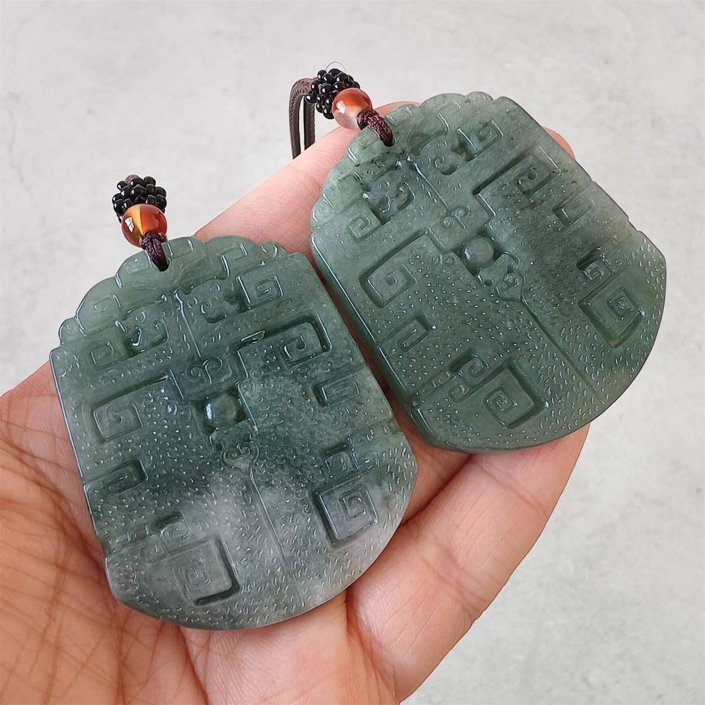 DDP | Natural Certificated Type A 53X43X5.4mm Green White Burmese Jadeite Trapezoid Antique-style Pendant ,DIY Jewelry Supplies