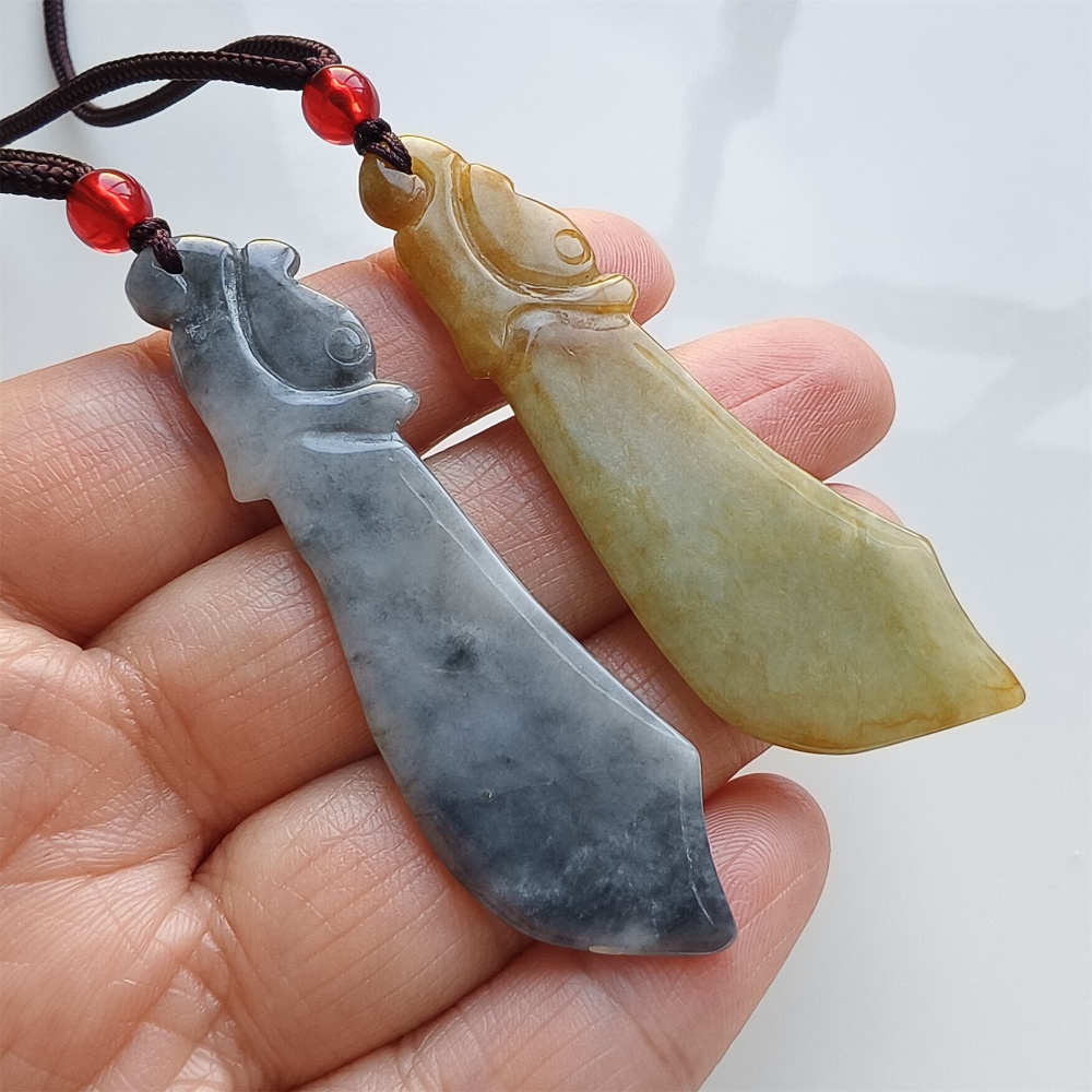 DDP | 2pcs Natural Certificated Type A 62.8-64.4X17.8-20.8X2.7-3.6mm Yellow Black Chicken Species Burmese Jadeite Antique-style Dagger Pendant ,DIY Jewelry Supplies