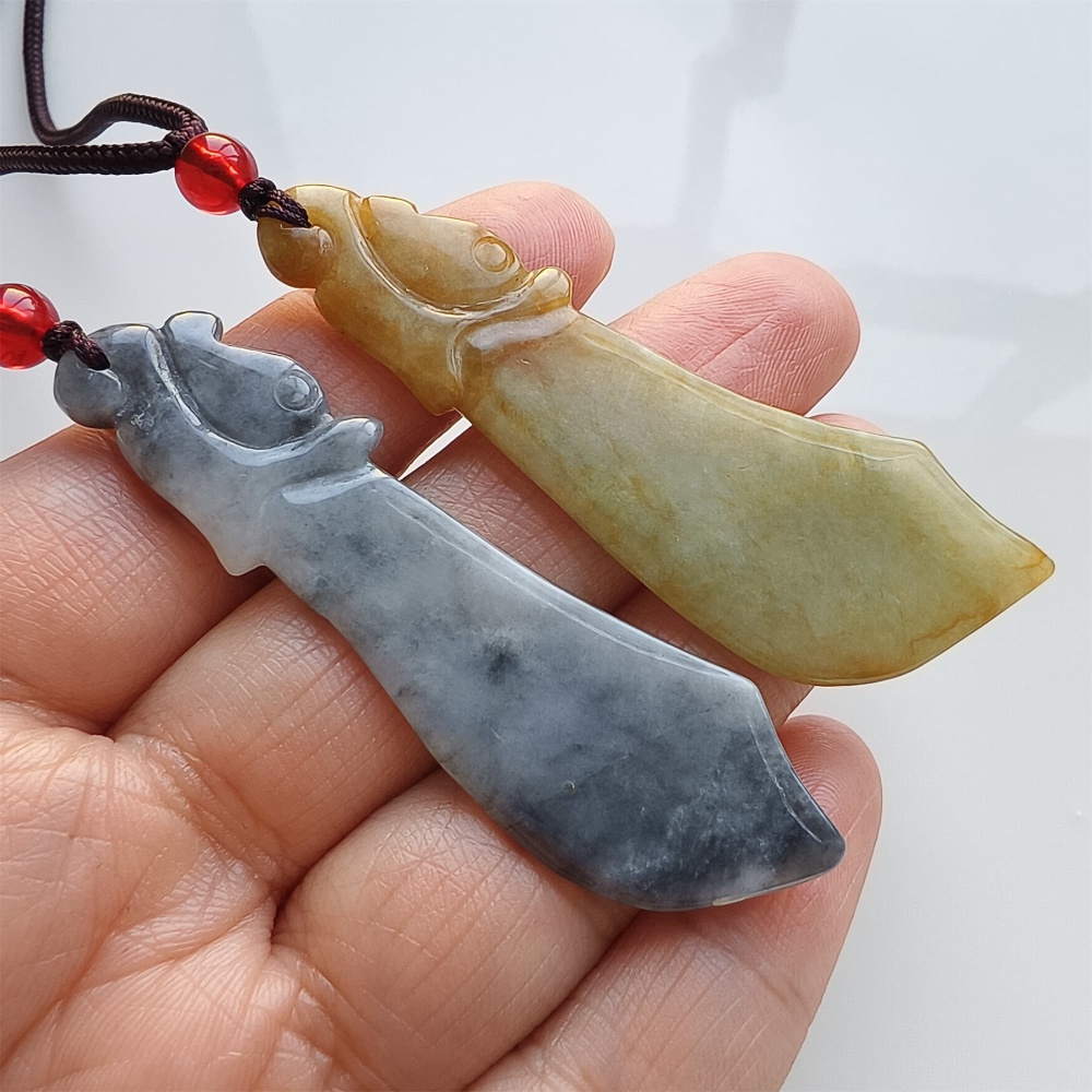DDP | 2pcs Natural Certificated Type A 62.8-64.4X17.8-20.8X2.7-3.6mm Yellow Black Chicken Species Burmese Jadeite Antique-style Dagger Pendant ,DIY Jewelry Supplies