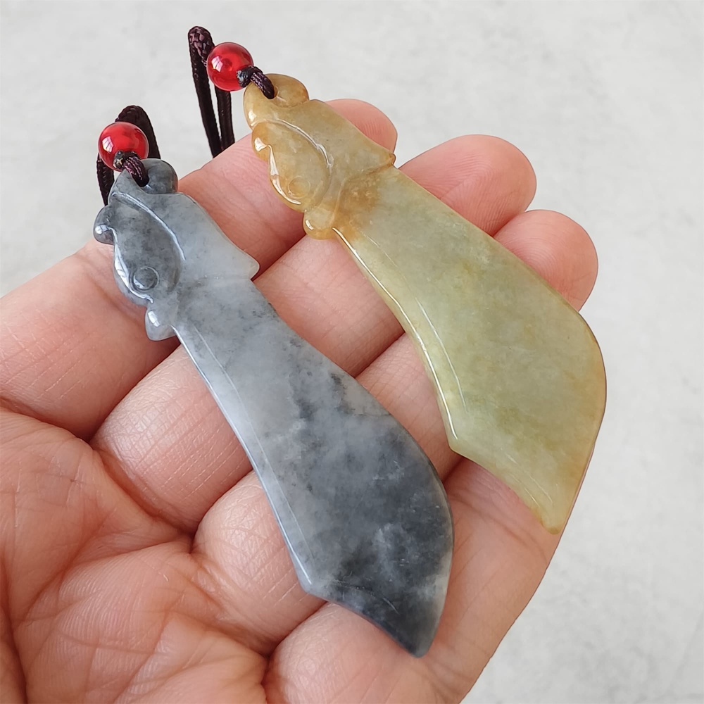 DDP | 2pcs Natural Certificated Type A 62.8-64.4X17.8-20.8X2.7-3.6mm Yellow Black Chicken Species Burmese Jadeite Antique-style Dagger Pendant ,DIY Jewelry Supplies