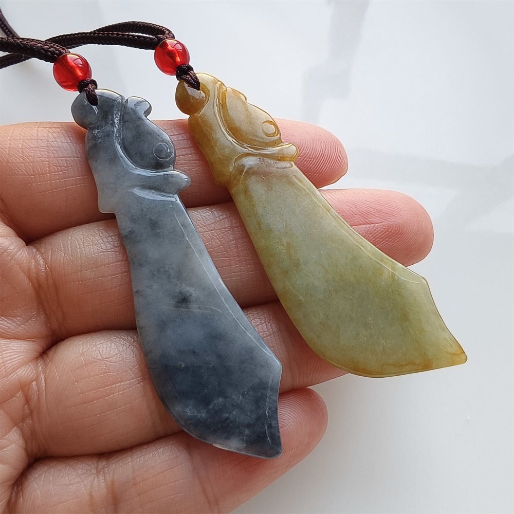 DDP | 2pcs Natural Certificated Type A 62.8-64.4X17.8-20.8X2.7-3.6mm Yellow Black Chicken Species Burmese Jadeite Antique-style Dagger Pendant ,DIY Jewelry Supplies