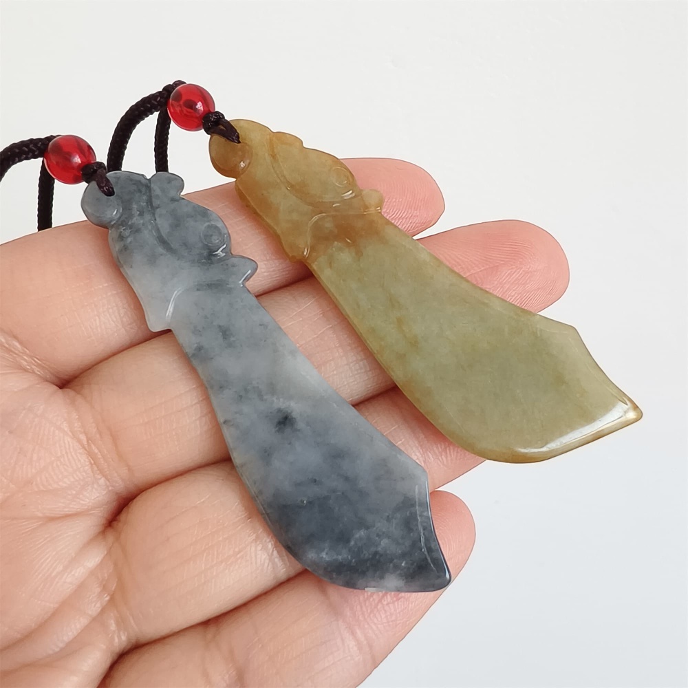 DDP | 2pcs Natural Certificated Type A 62.8-64.4X17.8-20.8X2.7-3.6mm Yellow Black Chicken Species Burmese Jadeite Antique-style Dagger Pendant ,DIY Jewelry Supplies