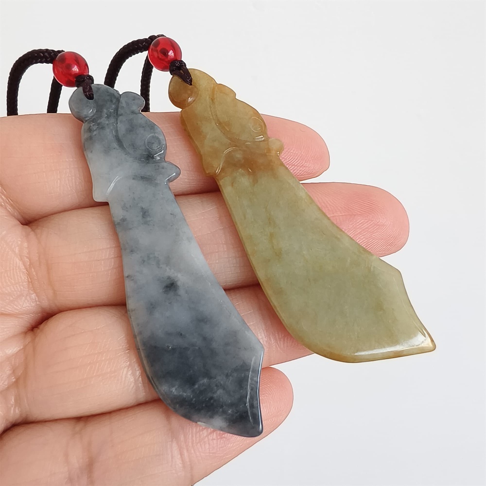 DDP | 2pcs Natural Certificated Type A 62.8-64.4X17.8-20.8X2.7-3.6mm Yellow Black Chicken Species Burmese Jadeite Antique-style Dagger Pendant ,DIY Jewelry Supplies