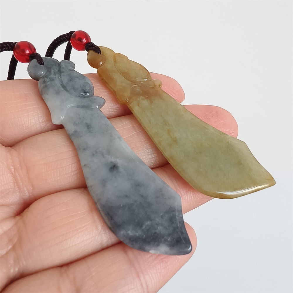 DDP | 2pcs Natural Certificated Type A 62.8-64.4X17.8-20.8X2.7-3.6mm Yellow Black Chicken Species Burmese Jadeite Antique-style Dagger Pendant ,DIY Jewelry Supplies