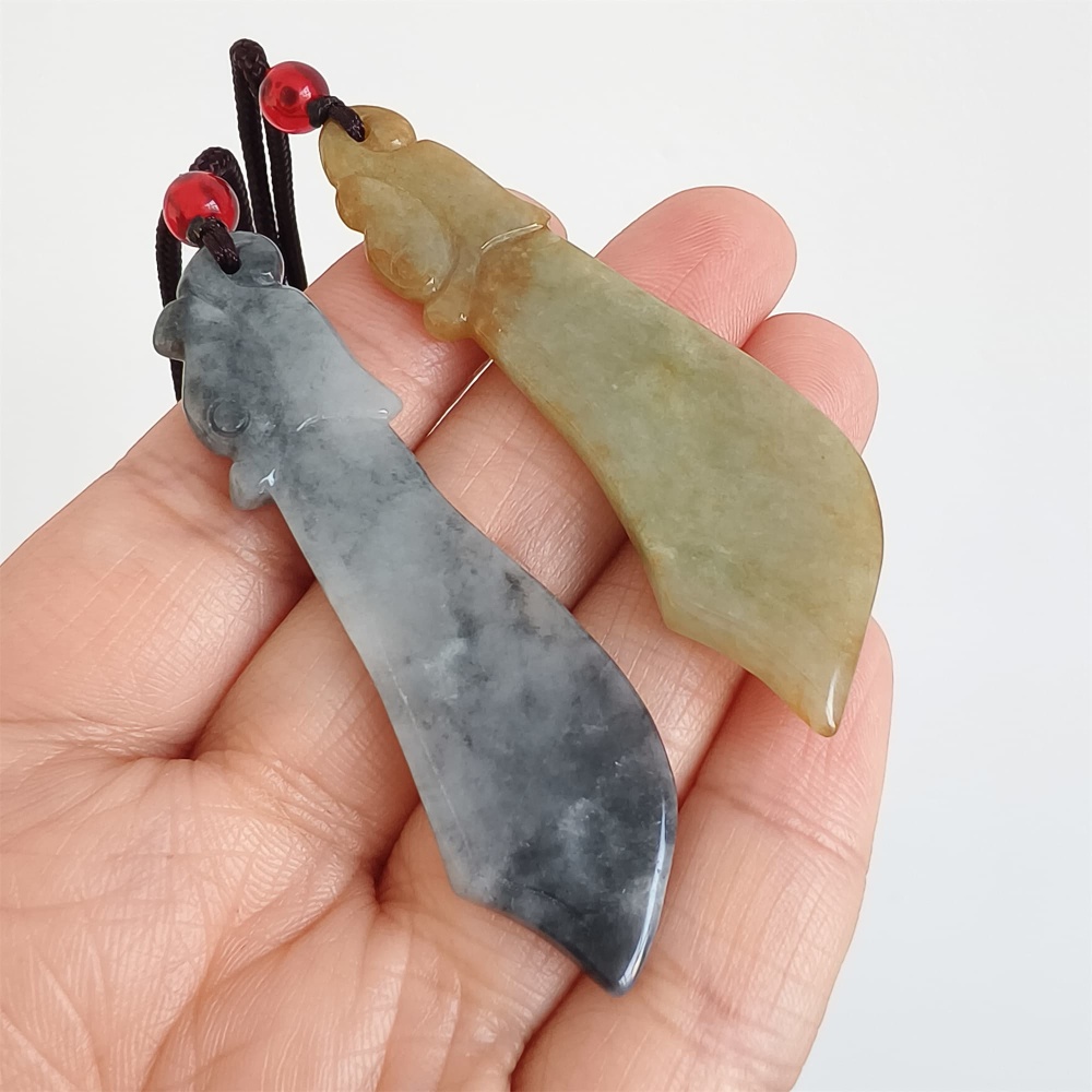 DDP | 2pcs Natural Certificated Type A 62.8-64.4X17.8-20.8X2.7-3.6mm Yellow Black Chicken Species Burmese Jadeite Antique-style Dagger Pendant ,DIY Jewelry Supplies