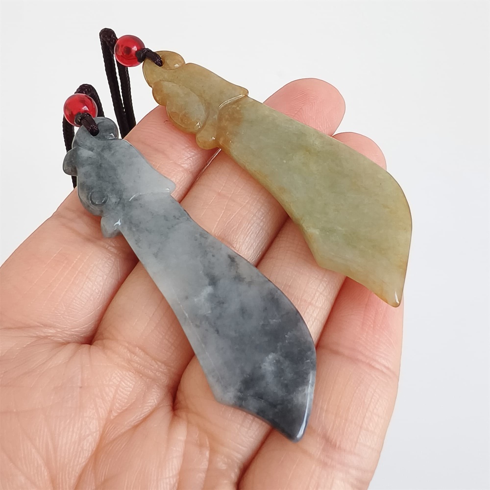 DDP | 2pcs Natural Certificated Type A 62.8-64.4X17.8-20.8X2.7-3.6mm Yellow Black Chicken Species Burmese Jadeite Antique-style Dagger Pendant ,DIY Jewelry Supplies