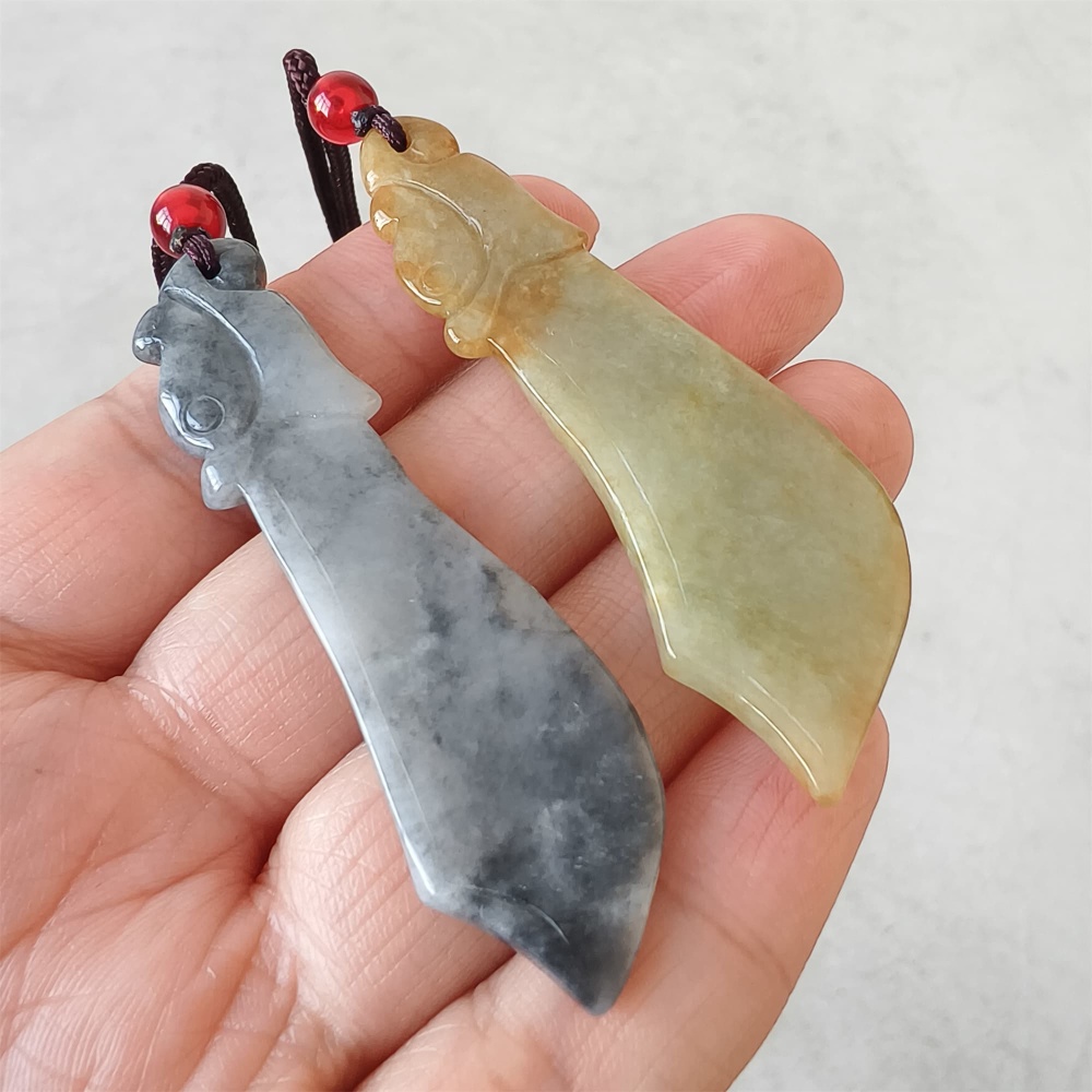 DDP | 2pcs Natural Certificated Type A 62.8-64.4X17.8-20.8X2.7-3.6mm Yellow Black Chicken Species Burmese Jadeite Antique-style Dagger Pendant ,DIY Jewelry Supplies