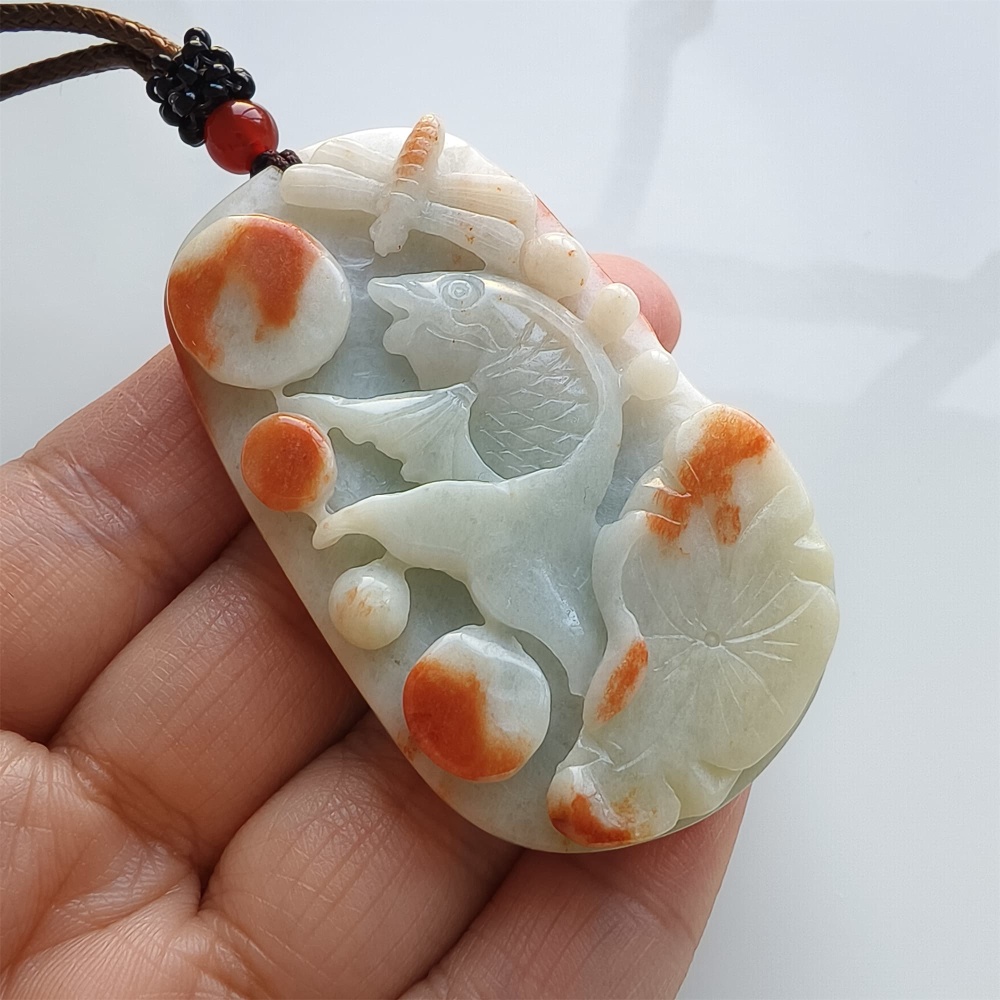 DDP | 61X36X12mm Natural Certificated Red Color Heated Burmese Jadeite Rectangle Pendant With Fish And Lotus Leaf Dragonfly Carved,DIY Jewelry Supplies