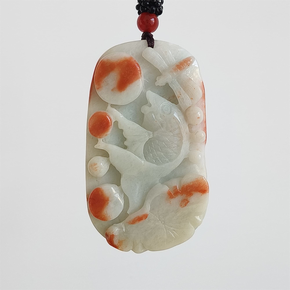 DDP | 61X36X12mm Natural Certificated Red Color Heated Burmese Jadeite Rectangle Pendant With Fish And Lotus Leaf Dragonfly Carved,DIY Jewelry Supplies