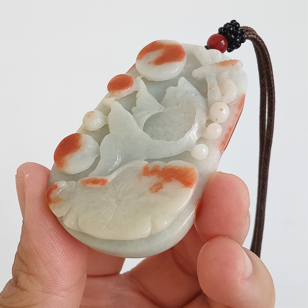 DDP | 61X36X12mm Natural Certificated Red Color Heated Burmese Jadeite Rectangle Pendant With Fish And Lotus Leaf Dragonfly Carved,DIY Jewelry Supplies