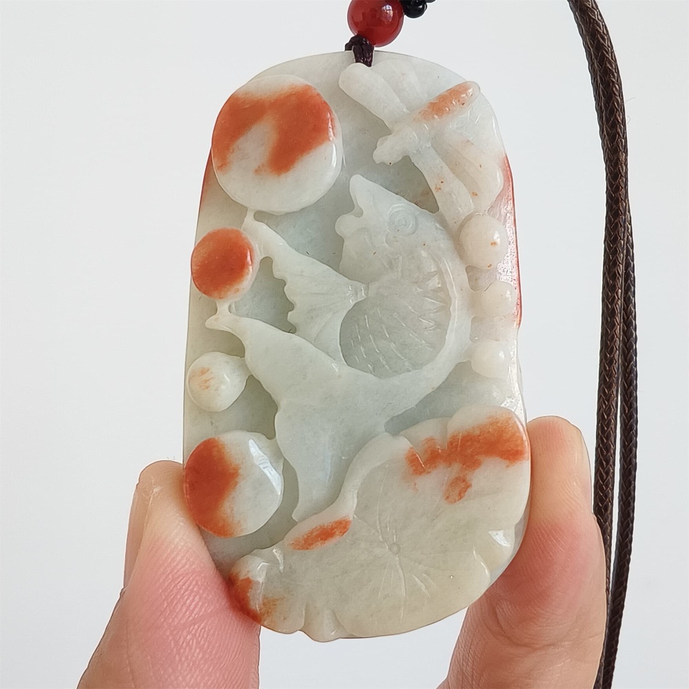 DDP | 61X36X12mm Natural Certificated Red Color Heated Burmese Jadeite Rectangle Pendant With Fish And Lotus Leaf Dragonfly Carved,DIY Jewelry Supplies