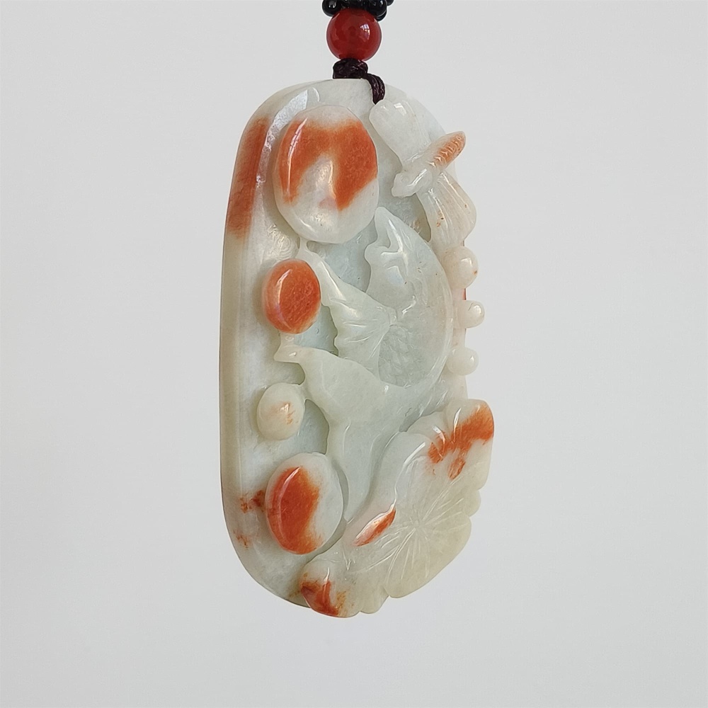 DDP | 61X36X12mm Natural Certificated Red Color Heated Burmese Jadeite Rectangle Pendant With Fish And Lotus Leaf Dragonfly Carved,DIY Jewelry Supplies