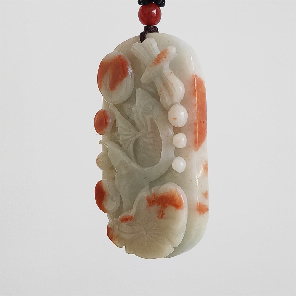 DDP | 61X36X12mm Natural Certificated Red Color Heated Burmese Jadeite Rectangle Pendant With Fish And Lotus Leaf Dragonfly Carved,DIY Jewelry Supplies