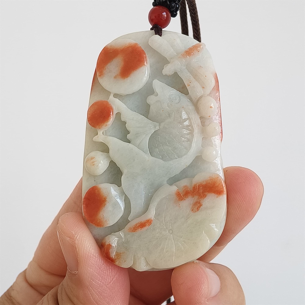 DDP | 61X36X12mm Natural Certificated Red Color Heated Burmese Jadeite Rectangle Pendant With Fish And Lotus Leaf Dragonfly Carved,DIY Jewelry Supplies
