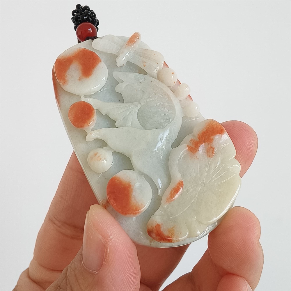 DDP | 61X36X12mm Natural Certificated Red Color Heated Burmese Jadeite Rectangle Pendant With Fish And Lotus Leaf Dragonfly Carved,DIY Jewelry Supplies