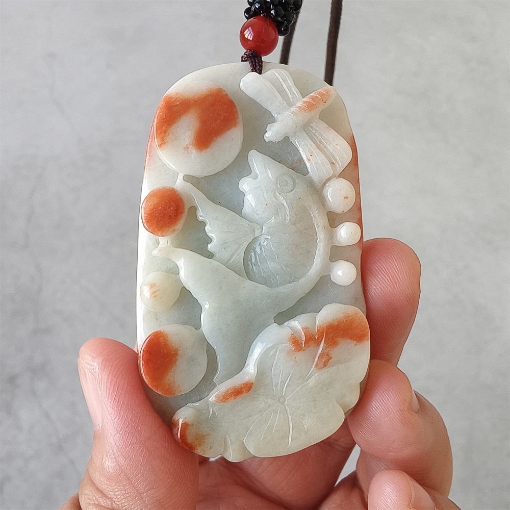 DDP | 61X36X12mm Natural Certificated Red Color Heated Burmese Jadeite Rectangle Pendant With Fish And Lotus Leaf Dragonfly Carved,DIY Jewelry Supplies