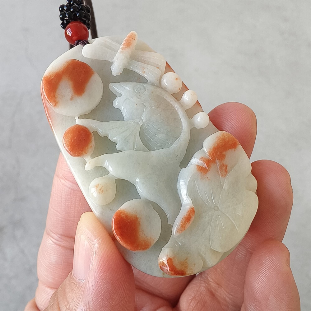 DDP | 61X36X12mm Natural Certificated Red Color Heated Burmese Jadeite Rectangle Pendant With Fish And Lotus Leaf Dragonfly Carved,DIY Jewelry Supplies