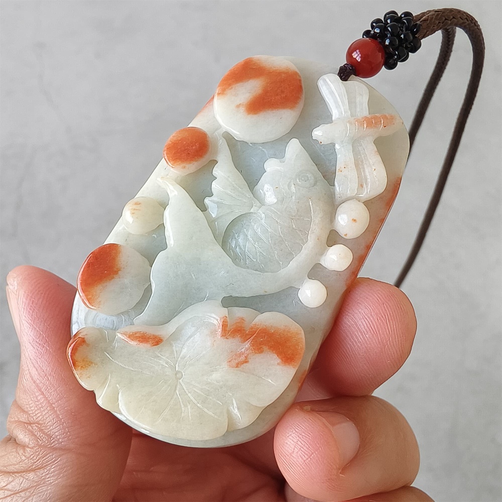 DDP | 61X36X12mm Natural Certificated Red Color Heated Burmese Jadeite Rectangle Pendant With Fish And Lotus Leaf Dragonfly Carved,DIY Jewelry Supplies